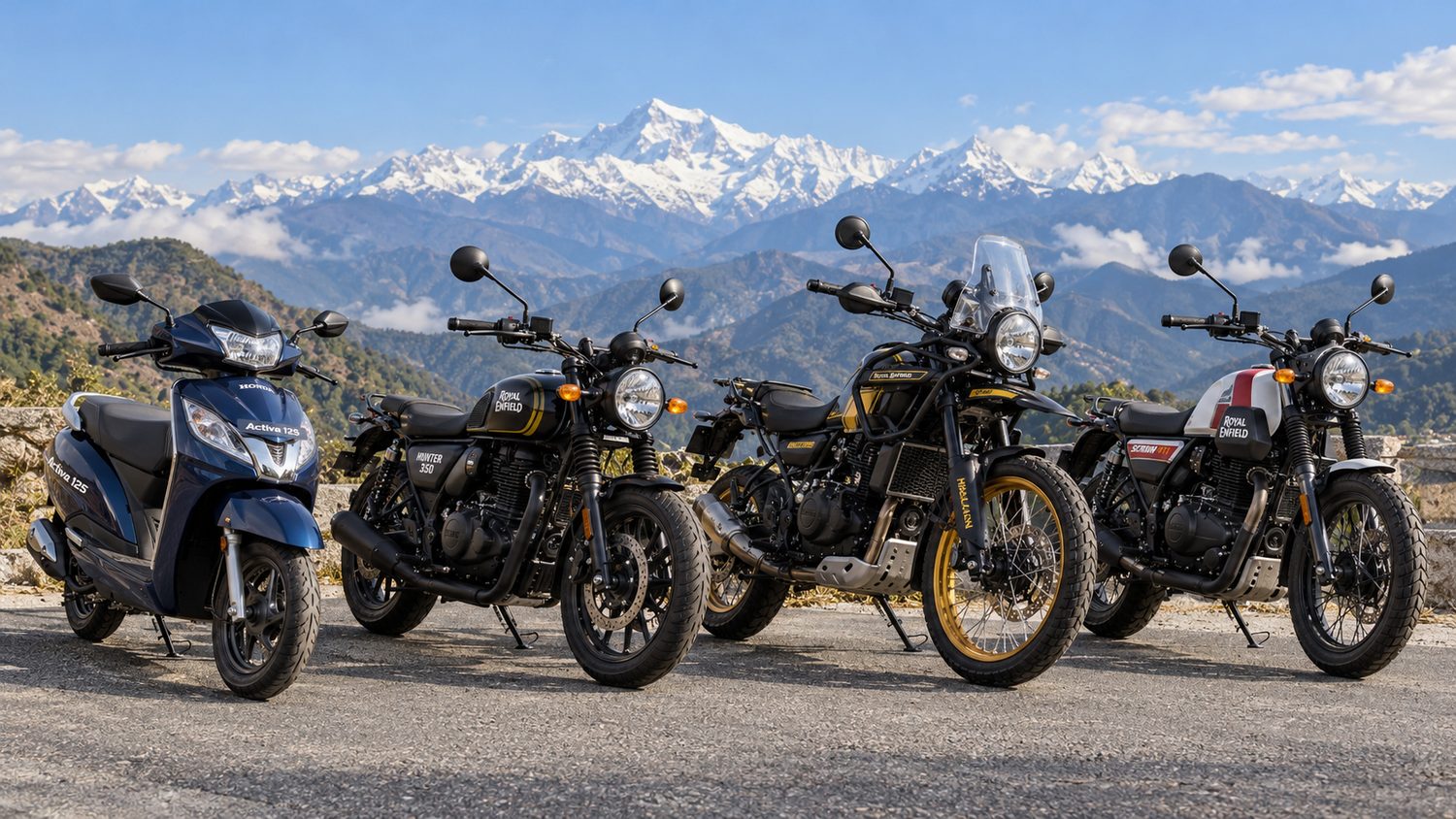 A Honda Activa and three Royal Enfields on a Himalayan road